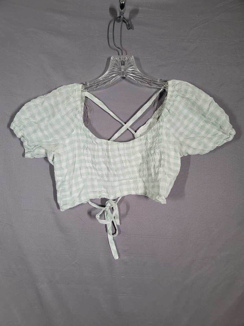 RSQ Green Gingham Crop Top S Puff Sleeve Cottagecore Y2K